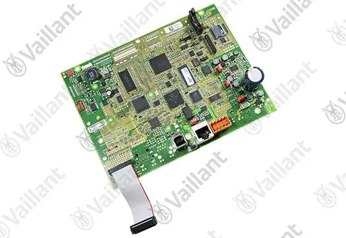Leiterplatte von Vaillant mit verschiedenen elektronischen Komponenten, Durchführungen und Verbindungsmöglichkeiten, vermutlich für Heiz- oder Regeltechnik.